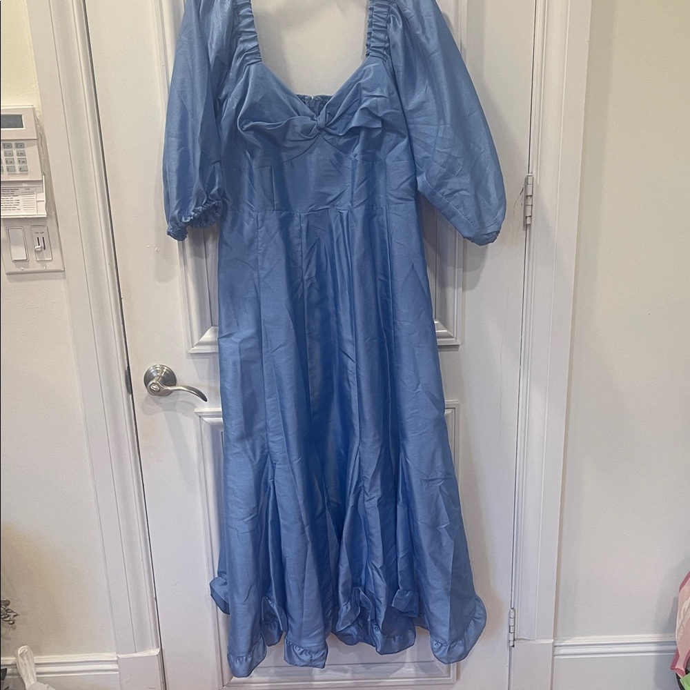Anthropologie Light Blue Satin Twist-Front Puff Sleeve Dress